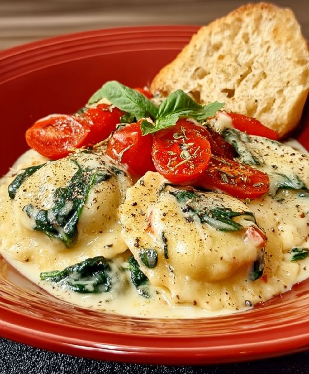 Creamy spinach tomato ravioli