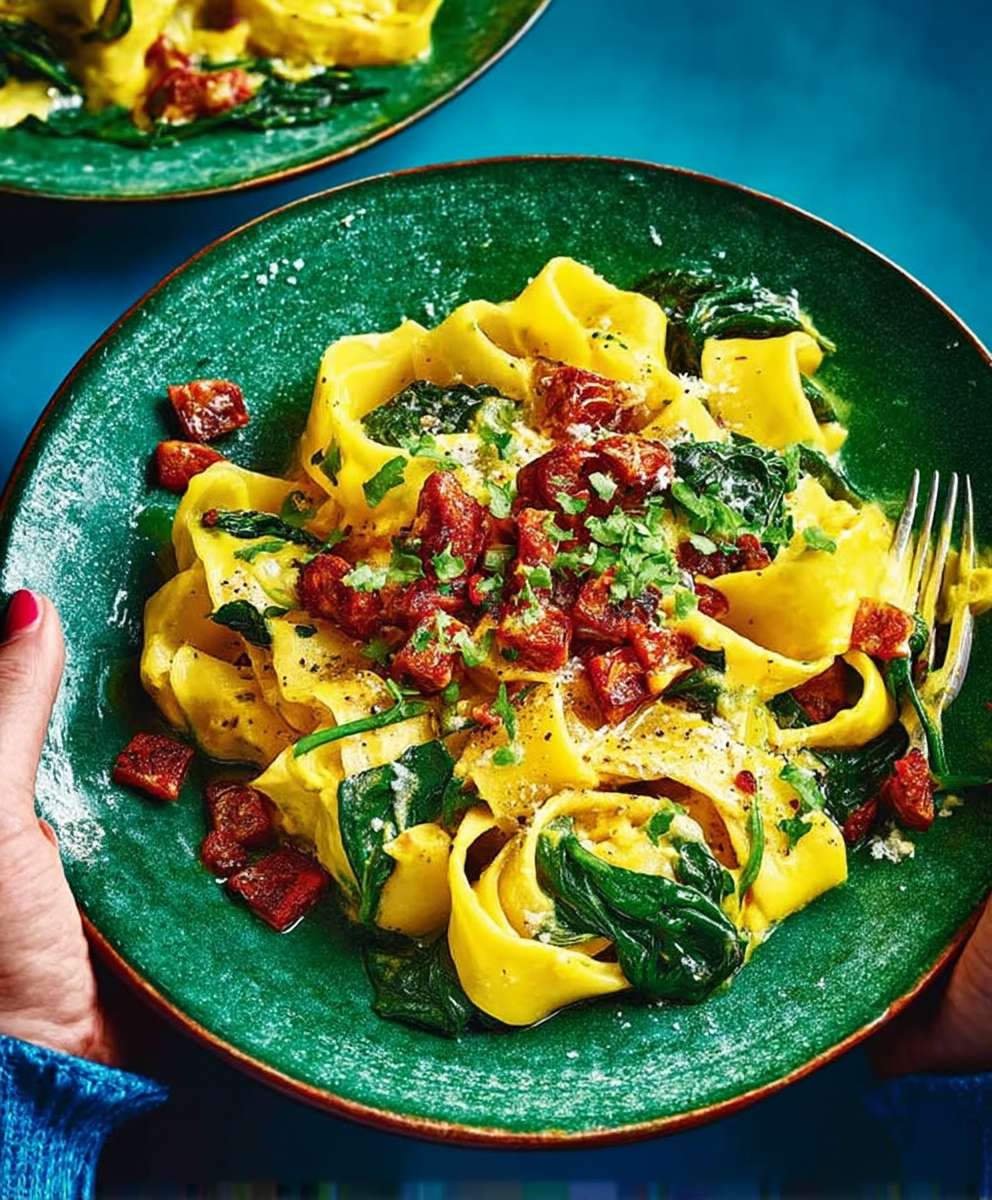 Saffron pappardelle chorizo spinach