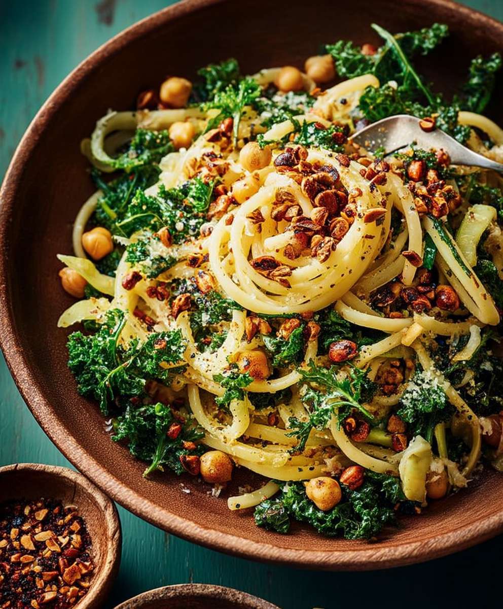 Kale chickpea linguine