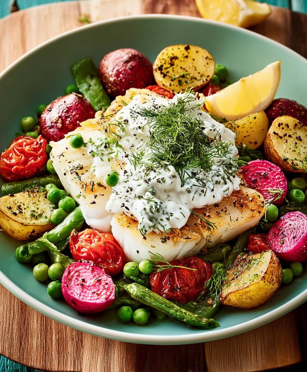 Cod spring vegetables yogurt