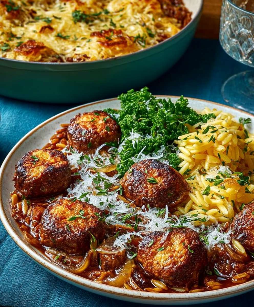 French onion meatballs orzo