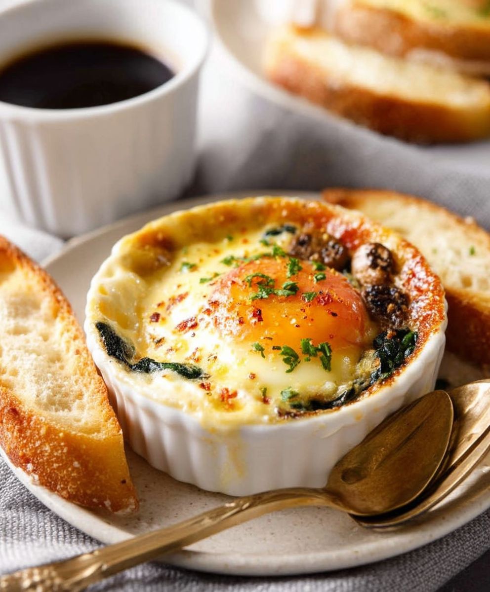 Shirred eggs spinach mushrooms