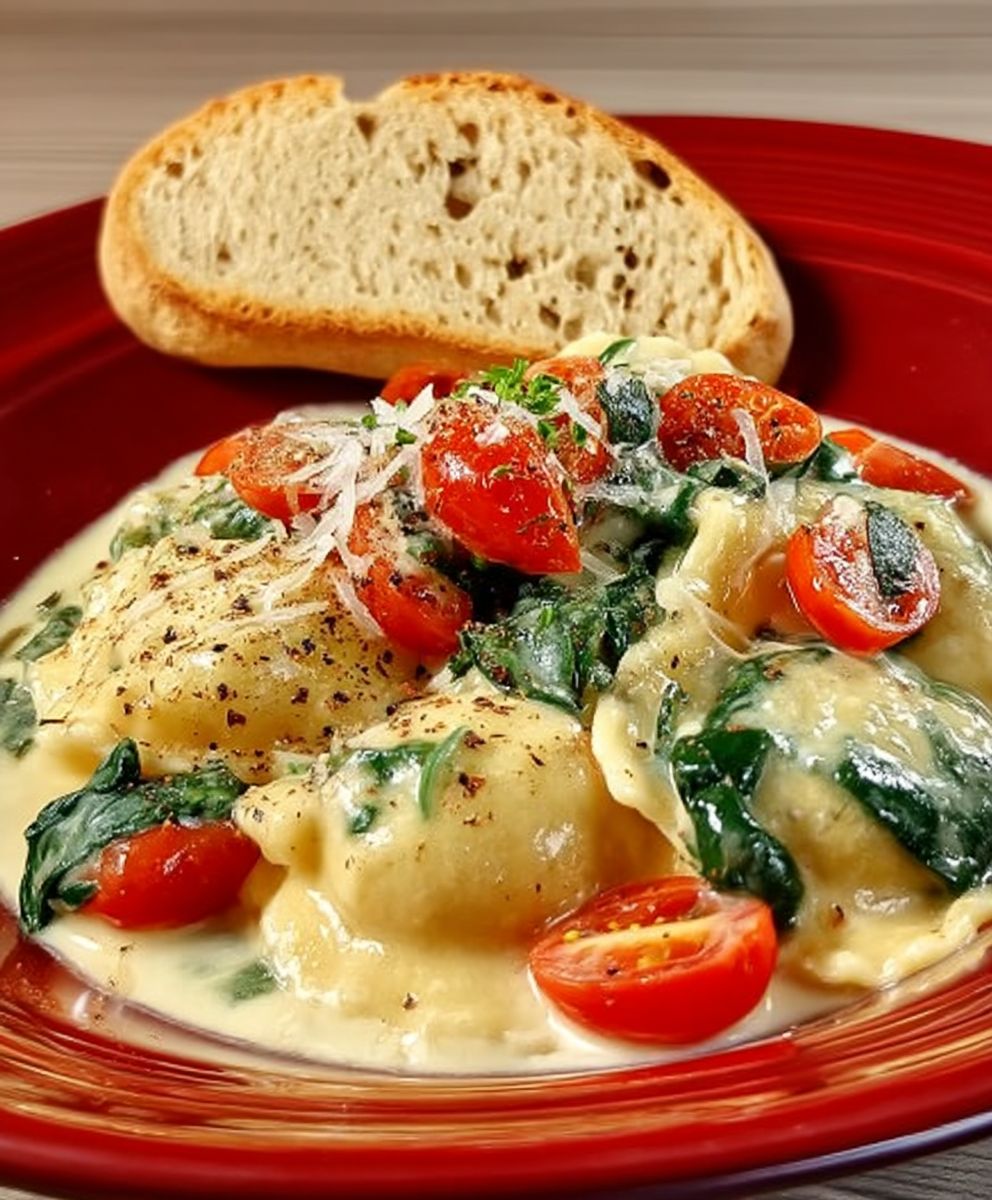 Creamy spinach tomato ravioli