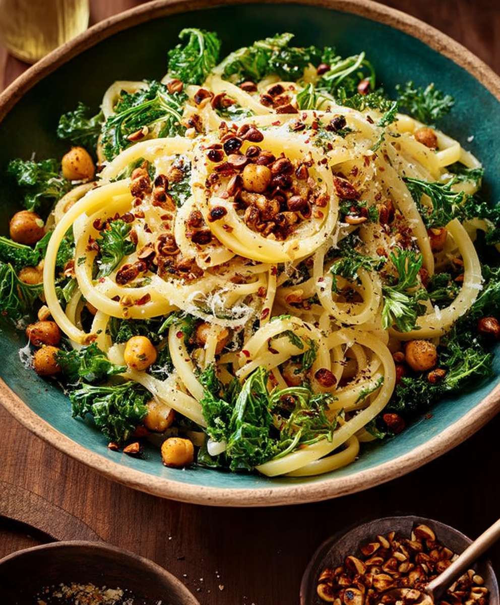 Kale chickpea linguine