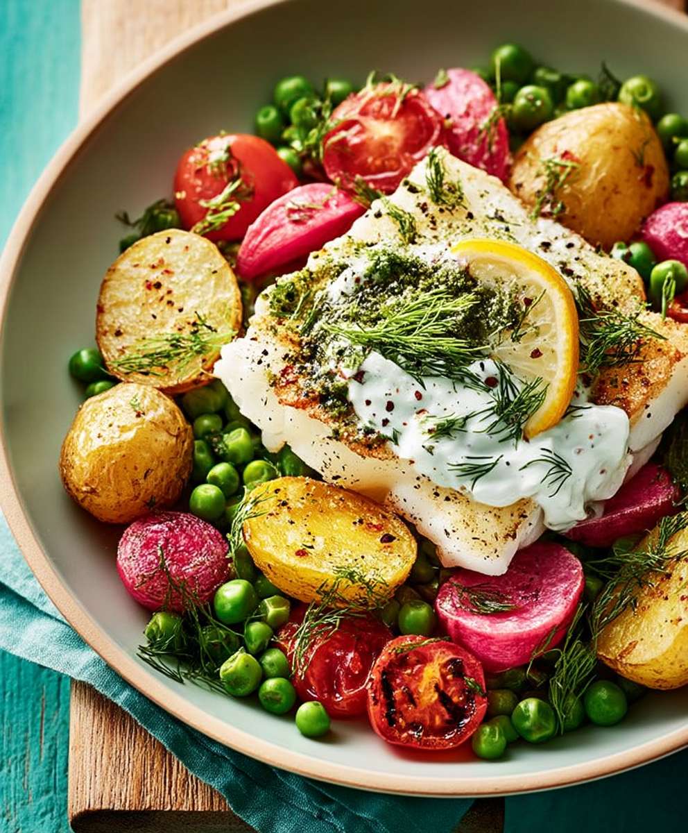 Cod spring vegetables yogurt