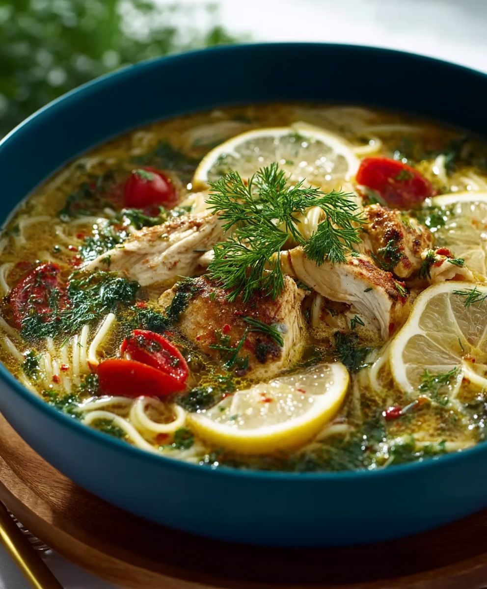 Greek Chicken Pasta Soup