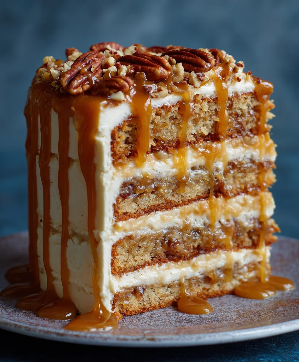 Rich & Decadent Banana Pecan Caramel Layer Cake Recipe