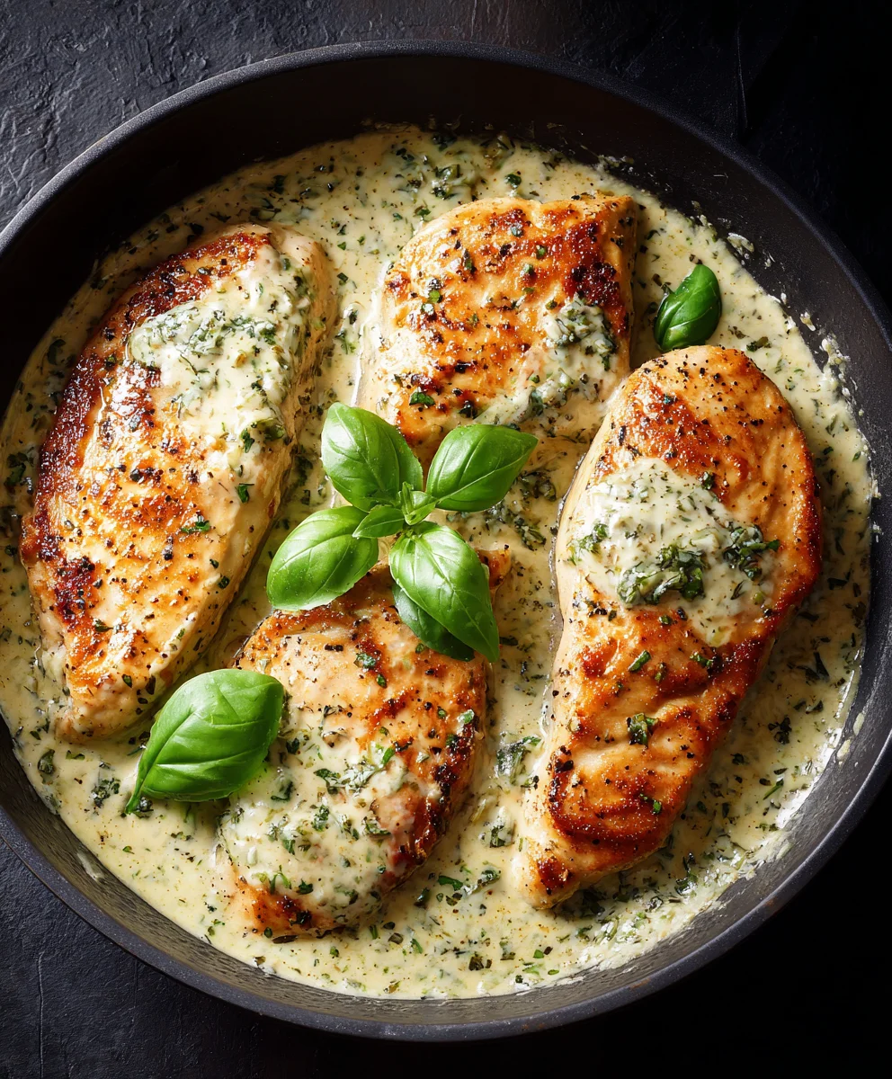 Creamy Mozzarella Chicken in Basil Cream Sauce