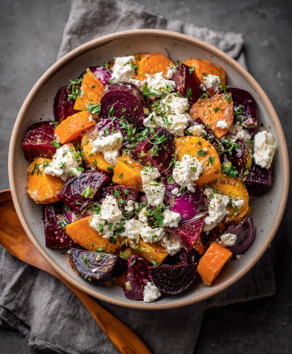 Roasted Beet & Sweet Potato Salad with Feta Yogurt Dressing