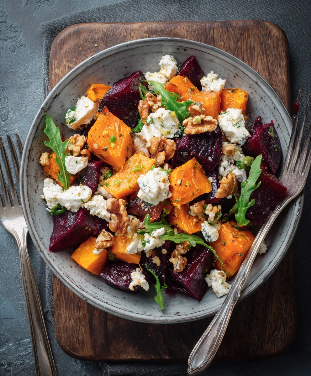 Roasted Beet & Sweet Potato Salad with Feta Yogurt Dressing